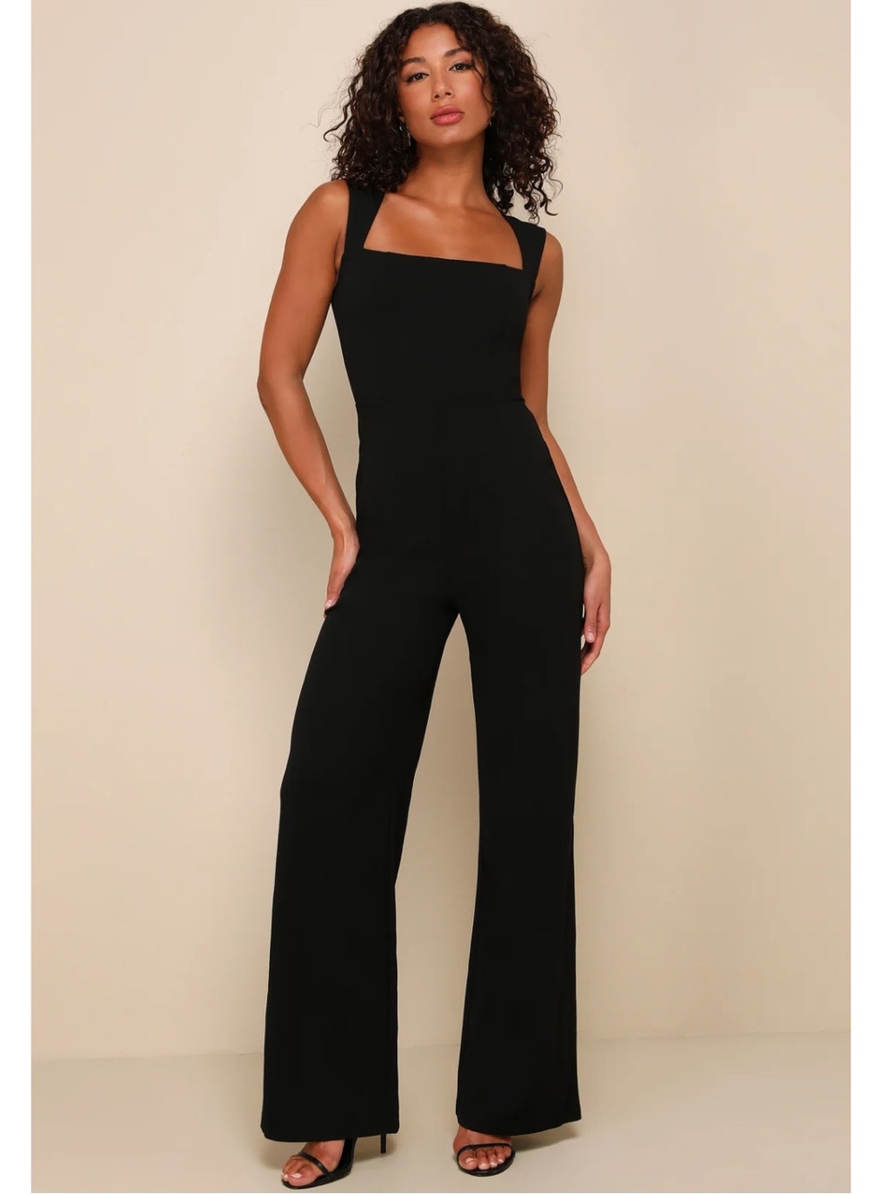 Lulus Enticing Endeavors Black Square-Neck Wide-Leg Crepe Knit Jumpsuit Event